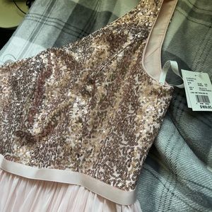 long one shoulder rose gold bridesmaid dress